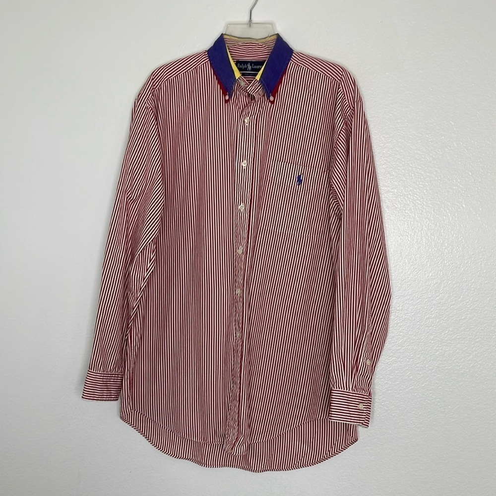 Vintage Ralph Lauren Contrast Collar Large Red Striped Cotton Button-Down Shirt